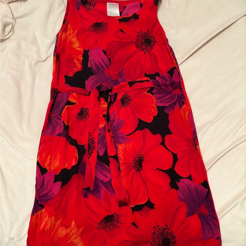 Bold Red Floral Dress with Tie Waist